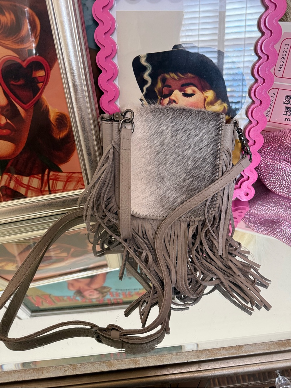 Montana West Gray Fringe Crossbody with Hair-on-Hide Accent